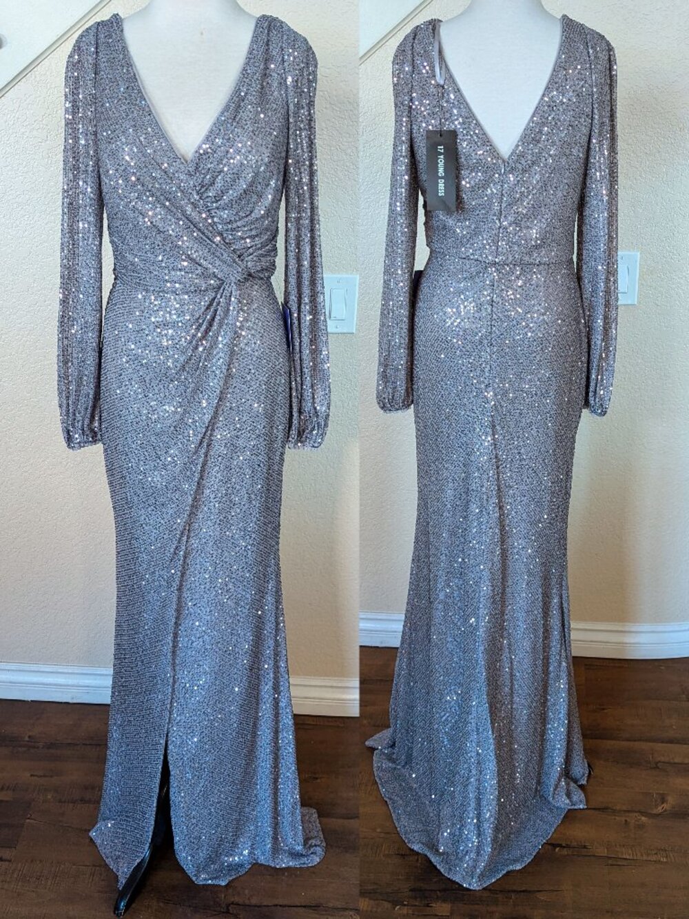 Gunmetal Silver Sequined Long Sleeve Formal Dress 10